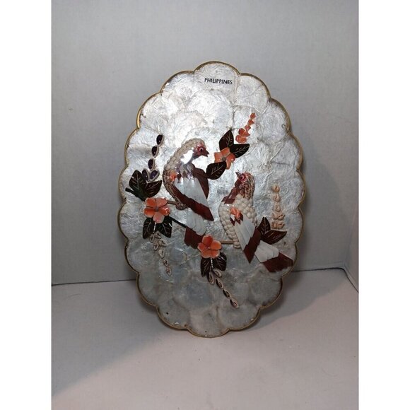 Vintage Capiz Shell Scalloped Seashell Art Birds And Flowers Art Work Sealed - Picture 1 of 6